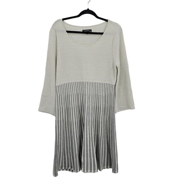 Ellen Tracy dress sweater long bell sleeve tea length fit flare white silver L - Picture 1 of 14